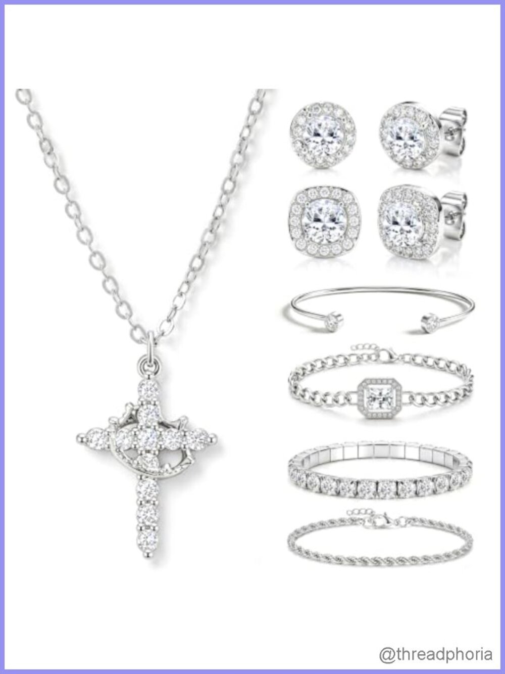 7 Piece Jewelry Set for Women - Cross Necklace, CZ Earrings, Adjustable